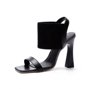 Megazoneoffers Women Fashion Elegant Solid ColorPU Square Toe Chunky Heel Elastic Sandals