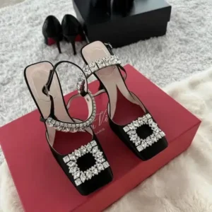 Megazoneoffers Women Fashion Elegant PU Square Toe Rhinestone Stiletto Heel Ankle Strap Buckle Sandals