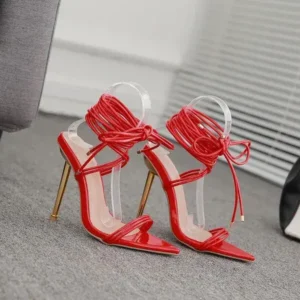 Megazoneoffers Women Fashion Sexy Solid Color PU Bandage Stiletto Heel Sandals