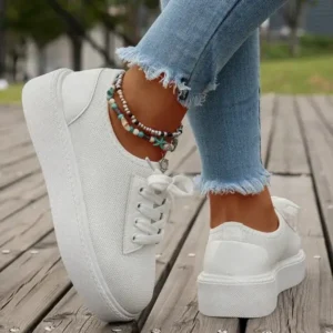 Megazoneoffers Women Fashion Plus Size Mesh Breathable Lace-Up Round-Toe Sneakers