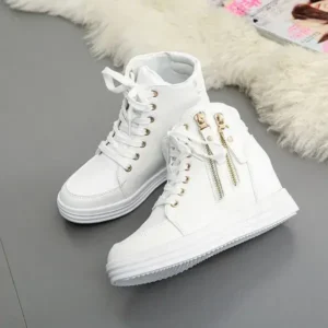 Megazoneoffers Women Fashion Solid Color Side Zipper Lace-Up Round Head Thick-Soled Sneakers