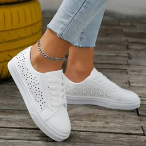 Megazoneoffers Women Fashion Solid Color Plus Size Hollow Lace-Up Round-Toe Sneakers