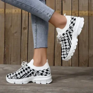 Megazoneoffers Summer Women Fashion Casual Geometric Print Fly-Woven Lace-Up Sneakers