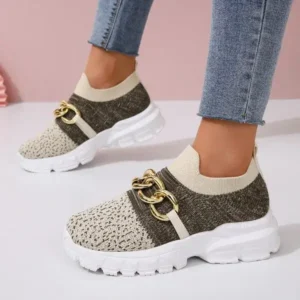 Megazoneoffers Women Fashion Color Block Metal Chain Thick-Soled Breathable Fly-Woven Sneakers