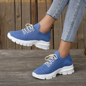 Megazoneoffers Women Fashion Casual Breathable Flying Woven Lace-Up Thick-Soled Sneakers