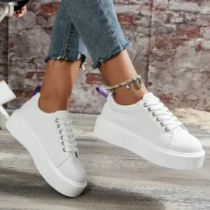 Megazoneoffers Women Fashion Solid Color Round-Toe Lace-Up Thick-Soled Sneakers