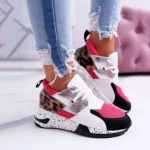 Megazoneoffers Women Casual Leopard Printed Patchwork Lace Up Sneakers