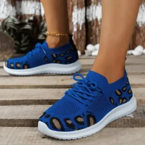 Megazoneoffers Women Fashion Casual Leopard Print Round Toe Fly-Woven Stretch Sneakers