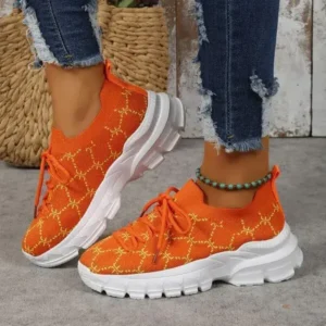 Megazoneoffers Women Fashion Plus Size Casual Flying Woven Lace-Up Round Toe Sneakers