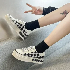 Megazoneoffers Women Fashion Platform Checkerboard Canvas Sneakers