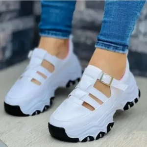 Megazoneoffers Women'S Casual Fashion Round Toe Mesh Solid Color Thick Sole Stitching Suede Hollow Platform Sneakers