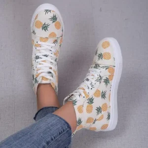 Megazoneoffers Women Fashion Round Toe Lace-Up Pineapple Strawberry Flat Sneakers