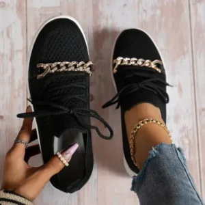 Megazoneoffers Women Fashion Round Toe Rhinestone Metal Decoration Lace-Up Mesh Sneakers