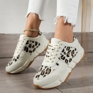 Megazoneoffers Women Fashion Round Toe Stitching Lace Up Low Top Leopard Sports Sneakers